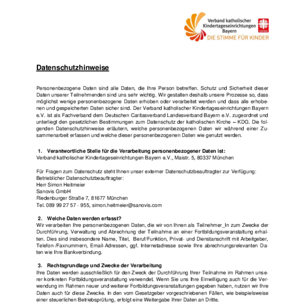 Datenschutzhinweise fuer Teilnehmende bei Fortbildungen - Verband kath. Kita Bayern e.V. 